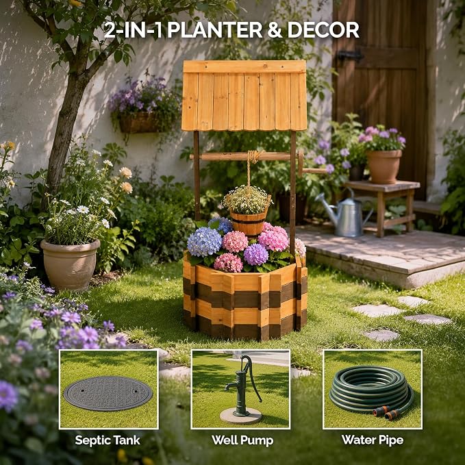 VINGLI Wooden Wishing Well Outdoor Planters, Well Covers for Yard with 4 Reinforced Rods, Height Adjustable Hanging Bucket, Rustic Flower Pot Decor for Outside Patio Garden (Two-Tone, 25" Width)