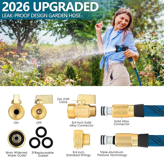 50ft Garden Hose - 2026 Ultra Lightweight Water Hoses w/10 Function Spray Nozzle and 3/4" Brass Fittings- Durable, & Flexible Water Pipe for Yard, Lawn, Outdoor & Gardening(Blue Black)