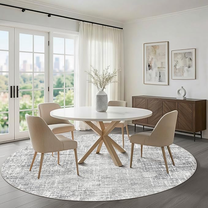 LOONGRUG Round Rug 7x7 Washable Neutral Modern Rug for Living Room Grey | Circle Large Abstract Soft Stain Resistant Indoor Non-Slip Carpet for Bedroom Nursery Kids Office Playroom Dining Room