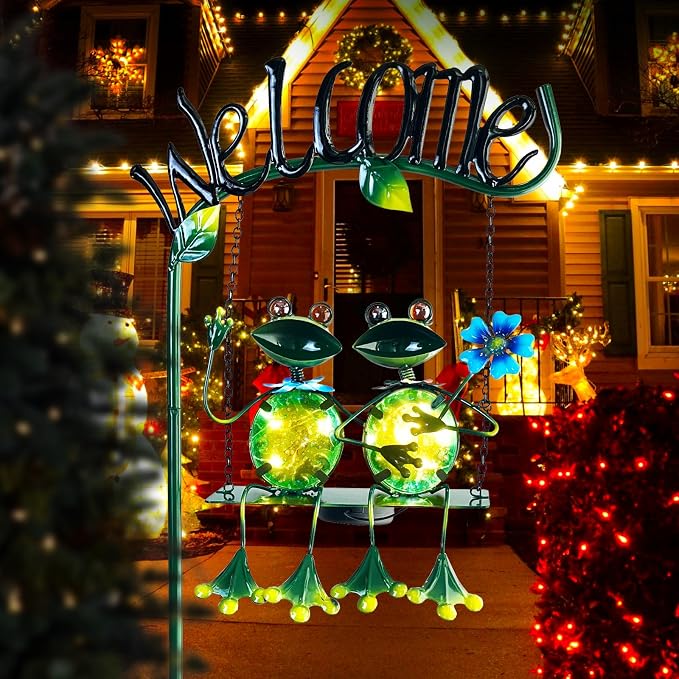 Solar Lights Outdoor Waterproof, Frog Swing Garden Decor, Frog Decorative Stake with Welcome Sign Landscape Patio Yard Gifts for Women Mom (48 inch)