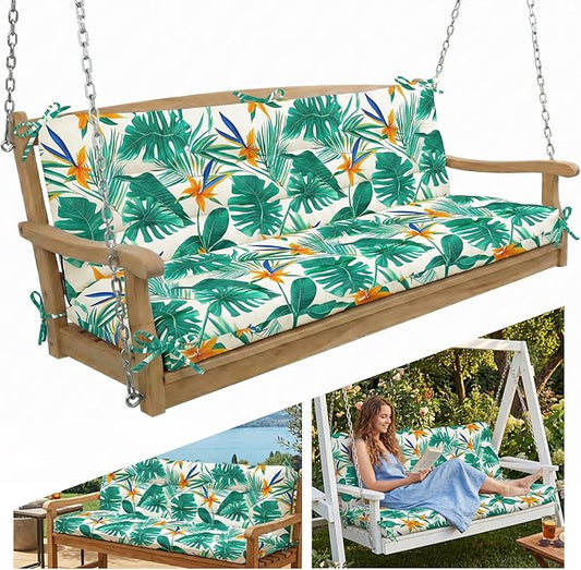 Outdoor Swing Cushion with Backrest, Tie Straps & Memory Foam - Replacement for Porch Bench 2/3 Seater, Oxford Fabric (Monstera Green, 60 INCH × 40 INCH)