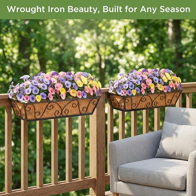 24 Inch Railing Planter Box 2 Pack, Adjustable Window Metal Box Planter with Coco Liner, Hanging Flower Planter for Balcony Deck Fence Porch Patio, Black