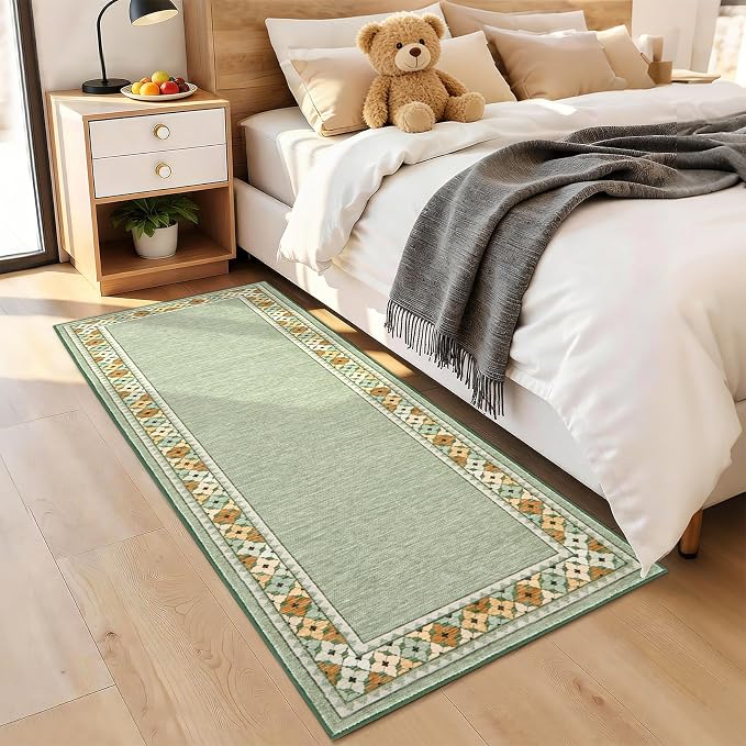 Garvee 2x6 Tribal Border Kitchen Rugs Washable Rugs for Hallway, Green | Floral Border Area Rug Stain Resistant Easy Cleaning Throw Rugs Low Pile Floor Cover for Bedroom Laundry