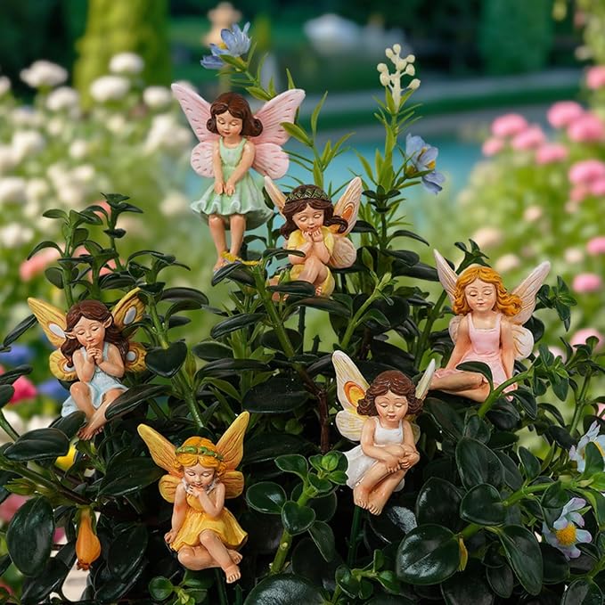 6PCS Fairy Garden Decor Fairies,Yard Sculpture Lawn Ornament Mini Garden Art Outdoor Decor Accessories with Lantern (6 Resin Fairies)