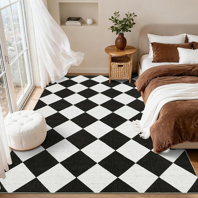 GarveeHome 3x5 Checkered Area Rug Non Slip Washable Entryway Bedroom Rug | Modern Geometric Plaid Black and White Carpet Classic Throw Mat for Kitchen Bedside Kids Room Office Dining Room