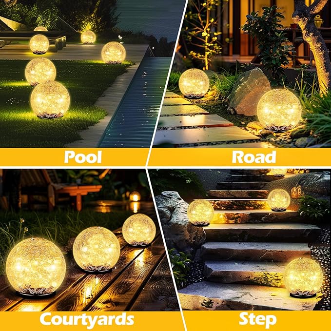 Garden Solar Ball Lights Outdoor Waterproof 50LED Cracked Glass Globe 4.7'' | 2 Pack Solar Power Ground Lights for Path Yard Patio Lawn, Christmas Decoration Landscape Warm White