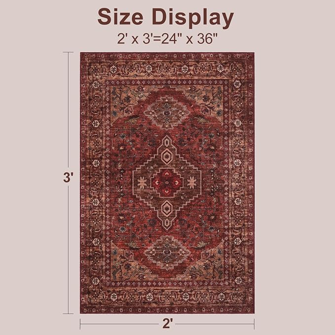Tangsoo Red 2x3 Washable Entryway Rugs, Oriental Non Slip Small Area Rug | Boho Indoor Front Door Rug, Vintage Door Mat Indoor Entrance Soft Low Pile Throw Rugs for Entry Kitchen Living Room Dark Red