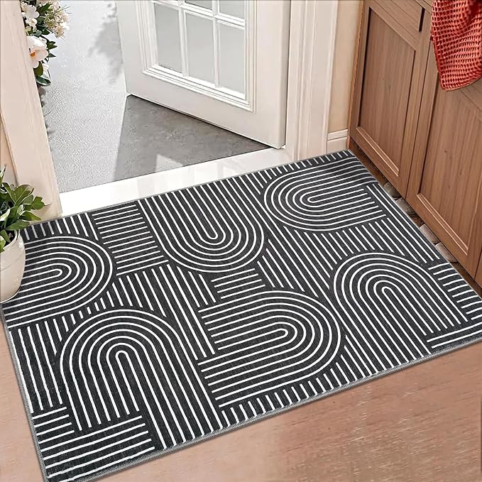 ROYHOME Modern 2x3 Washable Rugs for Entryway, Non Slip Soft Small Area Rug | Abstract Rug for Bedroom, Rainbow Bath Mat with Rubber Back, Low Pile Stain Resistant Geometric Carpet for Kitchen, Black