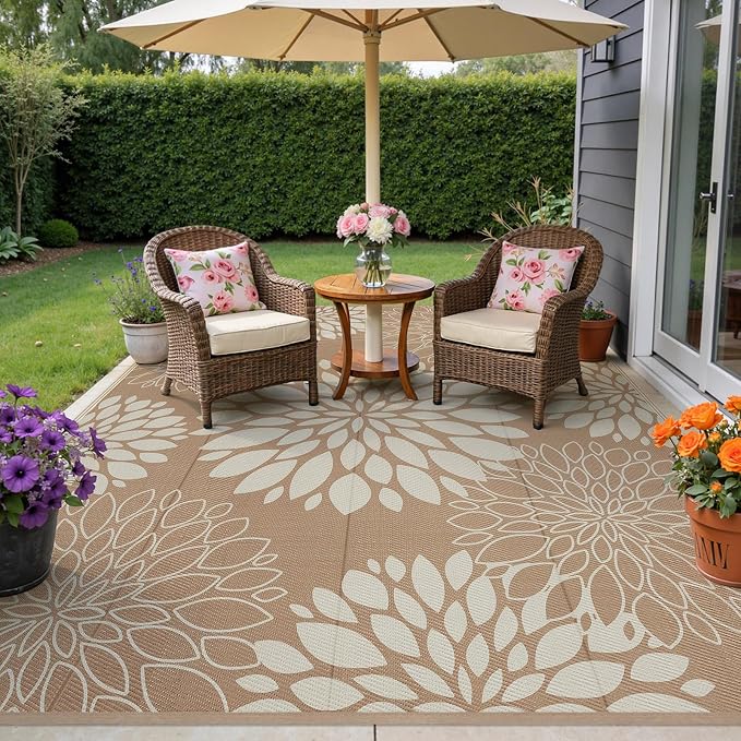 Ileading Waterproof Outdoor Rug 8x10, Reversible Plastic Straw Patio Rug, Portable Indoor Outdoor RV Camping Mat Carpet for Deck, Porch, Balcony, Backyard, Picnic, Floral Brown