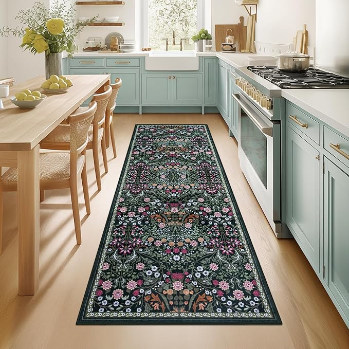 PLHXFR 2.6x8 Washable Runner Rug：Floral Indoor Kitchen Carpet Dark Green | For Hallway Bedroom Kitchen Laundry Bathroom Dorm,Vintage Floral,Machine washable,Non Slip,Stain Resistant,Indoor Floor