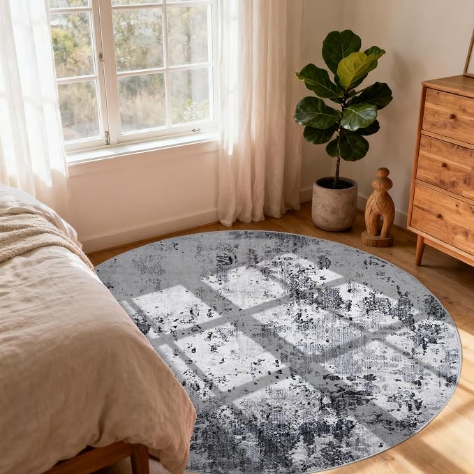ROYHOME Modern Abstract 6x6 Round Area Rug Non Slip, Grey | Non Shedding Rug Low Pile Stain Resistant for Bedroom Living Room office Dining Room
