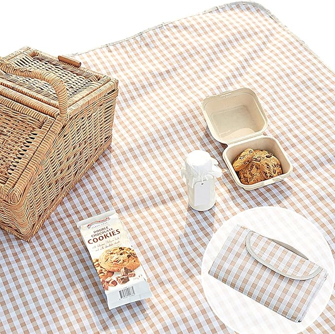 Cute Gingham Picnic Blanket, Waterproof Foldable, in Large 80x60in and Extra Large 80x80in, Portable Compact Beach Blanket, Oversized XL Outdoor Mat (Tan, X-Large)