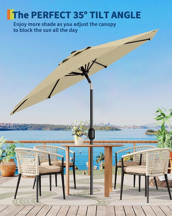 GarveeLife 9 ft Patio Umbrella, Outdoor Table Market Umbrella with Push Button Tilt and Crank, 8 Sturdy Ribs UV Protection Waterproof for Garden, Deck, Backyard, Pool (Beige)