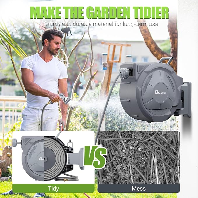 1/2" x 160 ft Retractable Hose Reel, Heavy Duty Retractable Garden Hose Reel Wall Mounted with 10-Pattern Hose Nozzle/Any Length Lock/Slow Return System/180°Swivel Bracket