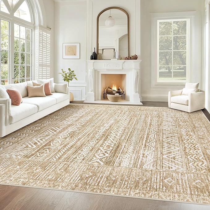 Living Room Rugs 9x12: Washable Moroccan Geometric Boho Rug Farmhouse Non Slip Stain Resistant Large Rug Low Pile Soft Carpet for Bedroom Dining Room Kids Room (Light Brown,9'x12')