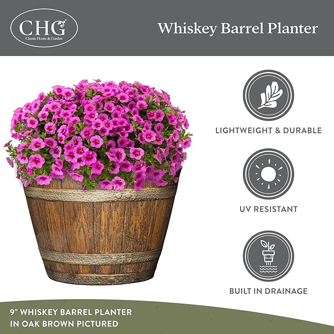 Classic Home and Garden Whiskey Plastic Resin Flower Pot Barrel Planter, Oak Brown, 9" (Pack of 2)