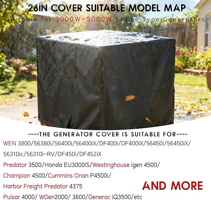 Waterproof Generator Cover, 26x20x20 inch, 600D Heavy Duty Oxford - for Most Generators 3000-5000 Watt, Portable Generator Cover for Outside, Black