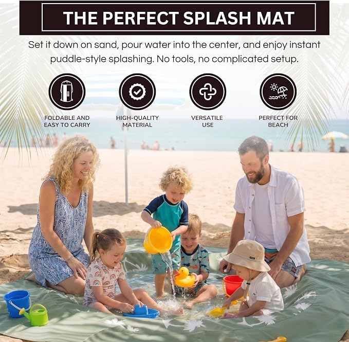 2-in-1 Kids, Baby & Infants Beach Pool & Waterproof Picnic Blanket - Large 6.5' Portable Paddling, Pool & Play Mat & Waterproof Carrying Bag, Outdoor Summer Gear, Toddle Child & Kid Bayside Green Sage