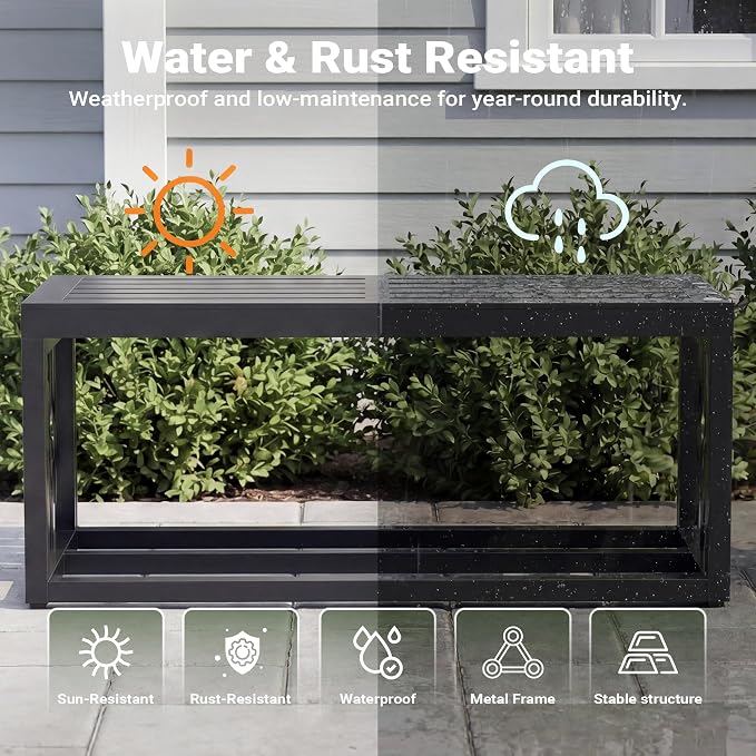 37" Outdoor Garden Bench with Storage Shelf, Modern Black Entryway Bench, Wood-Grain HDPE Seat, Galvanized Steel Frame with Powder Coating for Porch, Yard, Patio, Tree