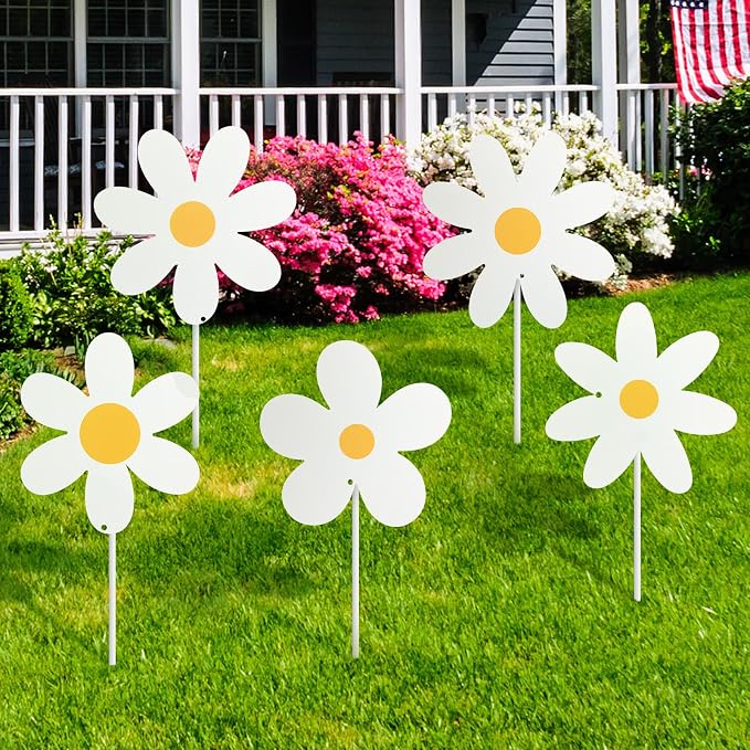 5 Pcs Daisy Yard Decorations Outdoor Metal Summer Daisy Yard Signs with Stakes Groovy Boho Flower Decorative Lawn Signs for Indoor Outdoor Garden Pathway Walkway Summer Holiday Party Decor