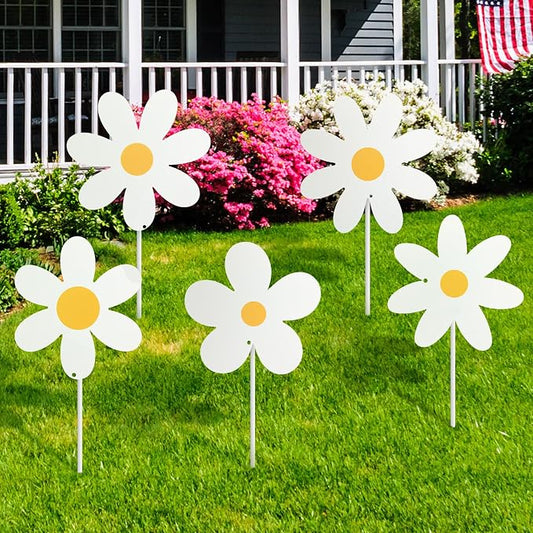 5 Pcs Daisy Yard Decorations Outdoor Metal Summer Daisy Yard Signs with Stakes Groovy Boho Flower Decorative Lawn Signs for Indoor Outdoor Garden Pathway Walkway Summer Holiday Party Decor