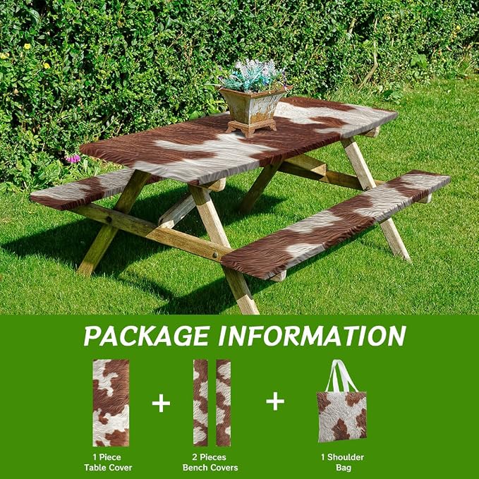 Cow Fur Texture Picnic Table Cover with Bench Covers and Carrying Bag, Cowhide Animal Brown Fur Pattern Rectangle Table Cover, Outdoor Patio Camping Essentials 6FT 4PCS, Camping Fitted Tablecloth