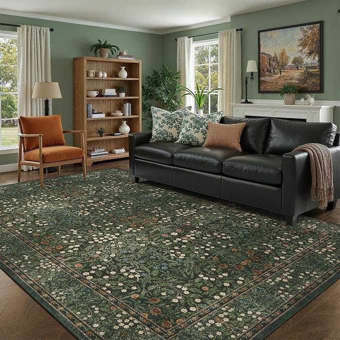 DCX Green Area Rug 9x12, Machine Washable Non Slip Stain Resistant Soft Vintage Floral Rug, for Living Room, Bedroom, Dining Room, Soft Low Pile Large Carpet