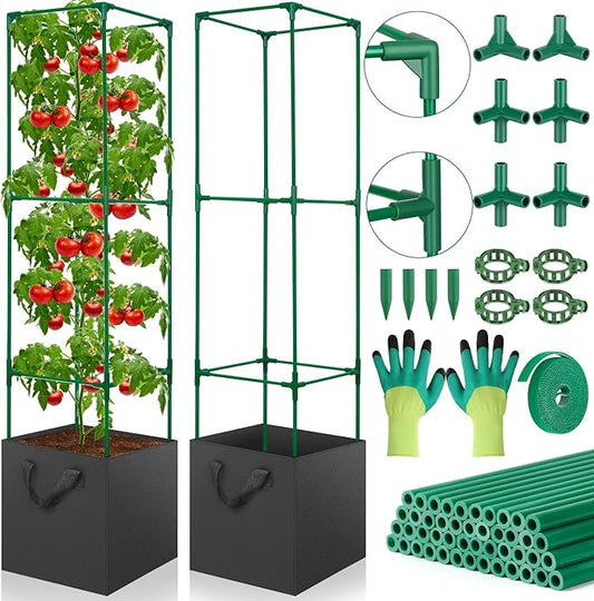 2 Pack Tomato Cages for Garden, 49 Inch Tall Tomato Cage with 7 Gallon Planter Bags, Plant Support Trellis Frames for Garden Cucumber Vegetables Plants Climbing Outdoor Indoor