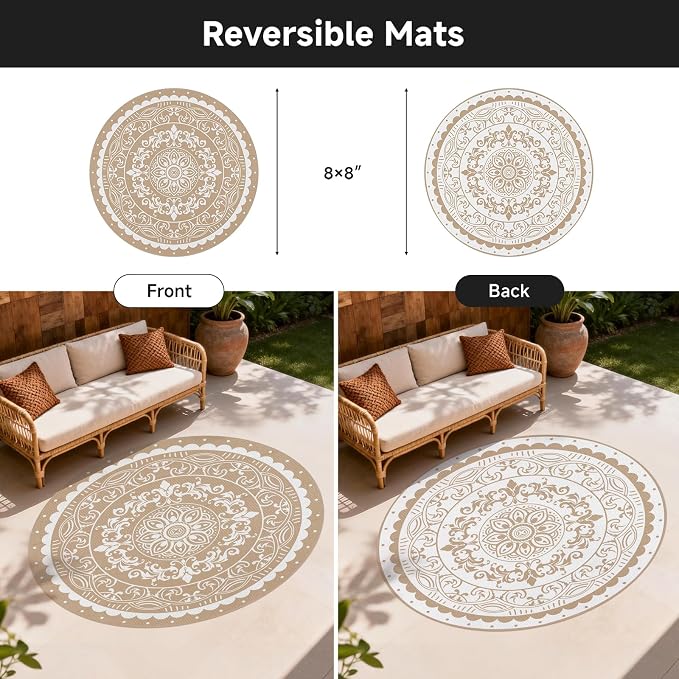Pauwer Waterproof Outdoor Rug 8ft, Reversible Plastic Straw Patio Camping Rug, Indoor Outdoor RV Mat Carpet for Deck, Camper, Porch, Balcony, Backyard, Picnic, Paisley Brown