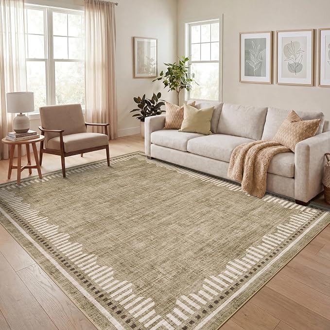 Garvee Living Room Washable Area Rugs 9x12 Taupe Neutral Scalloped Carpet | Large Modern Solid Color Low Pile Stain Resistant Dining Room Throw Carpet Geometic Non Slip Pet Friendly Bedroom Nursery Rug