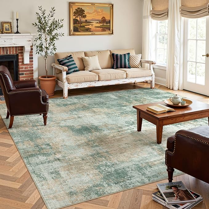DMOYEST 8x10 Area Rug for Living Room Washable Abstract Indoor Carpet | Neutral Modern Low Pile Rugs Kid & Pet Friendly Large Soft Thin Carpet for Bedroom Dining Room and Office - Green