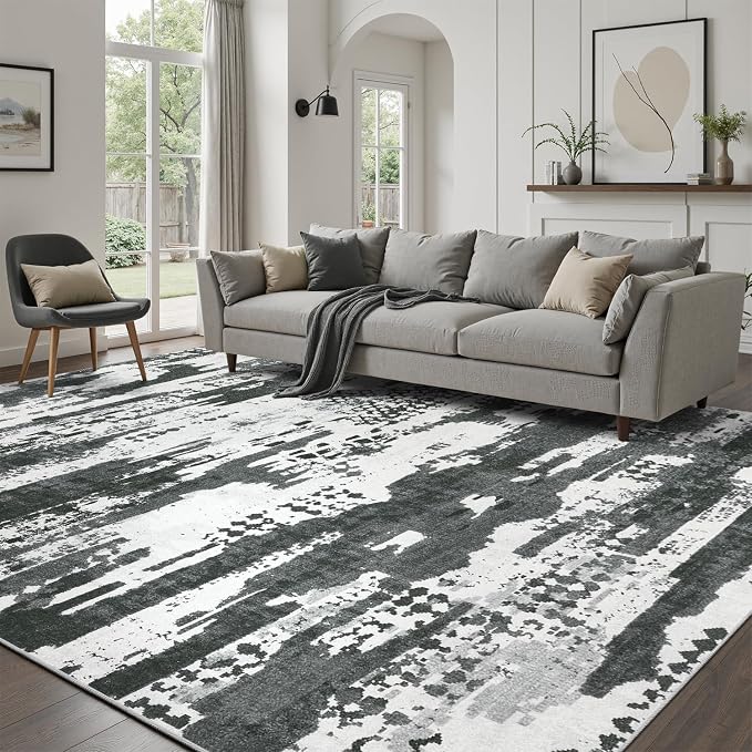 DCX Washable Abstract Area Rug 9x12, Non Slip Low Pile Rug, Black | Easy to clean, non-shedding, soft, kid & pet friendly, with a non-slip rubber backing for living rooms, bedrooms, and offices
