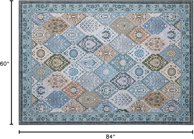 Phantoscope Washable Area Rug 5'x7' Non-Slip, Vintage Boho Rugs for Living Room, Bedroom, Dining Room, Distressed Moroccan Mosaic Diamond Pattern, Low-Pile Foldable Floor Carpet, Blue Teal/Neutral