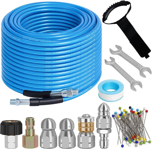 100 FT Sewer Jetter Kit for Pressure Washer, 5800PSI Water Jet Drain Cleaner Hose, 1/4 Inch NPT Corner with 4 Sewer Jetting Nozzles, Pearl Corsage Pin, Waterproof Tape, Handle Strap&2 Spanner (Blue)