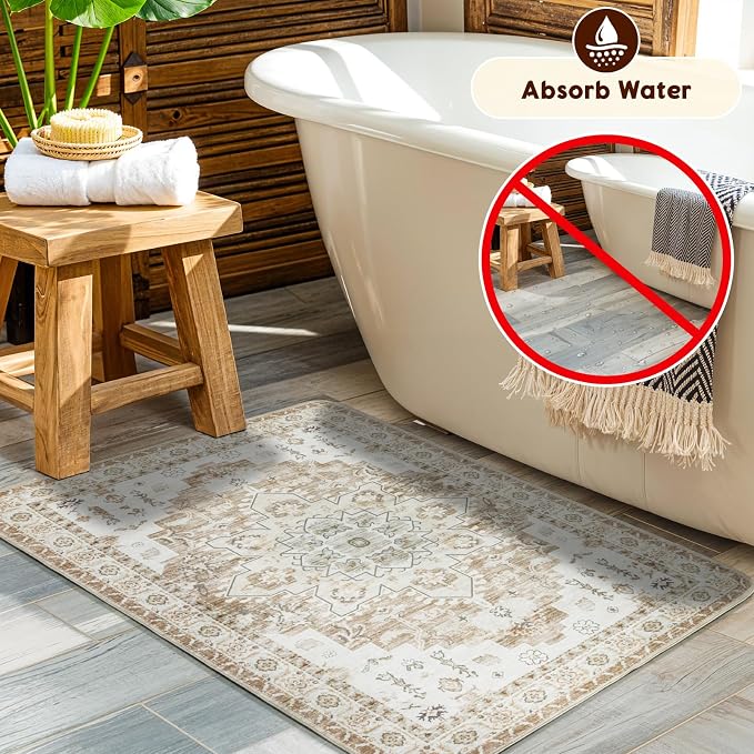 LBRO2M Machine Washable Rug Soft Pet Friendly Carpet 2X3 Cream | Persian Rug 2X3 for Entryway, Kitchen, Bathroom Non Slip Carpet, Foldable Stain Resistant Rugs