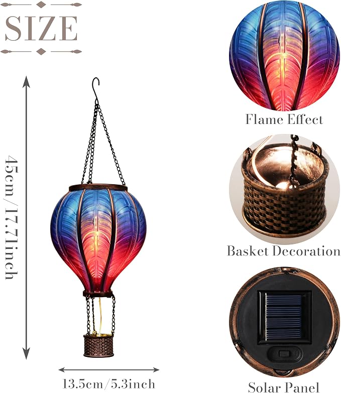 TERESA'S COLLECTIONS Hot Air Balloon Solar Lantern for Garden Decor, Flickering Flame Hanging Solar Light for Outdoor Decorations, Blue & Purple Plastic Lamp for Yard Tree Porch Party, Gift for Mom