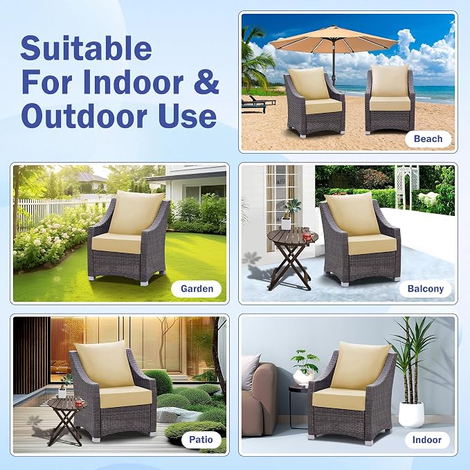 Outdoor Chair Cushions, 24 x 24 Inch Outdoor Cushion for Patio Furniture, Patio Chair Cushion, Waterproof & Fade Resistant Deep Patio Furniture Cushion Set with Handle and Ties, Light Khaki (Set of 4)