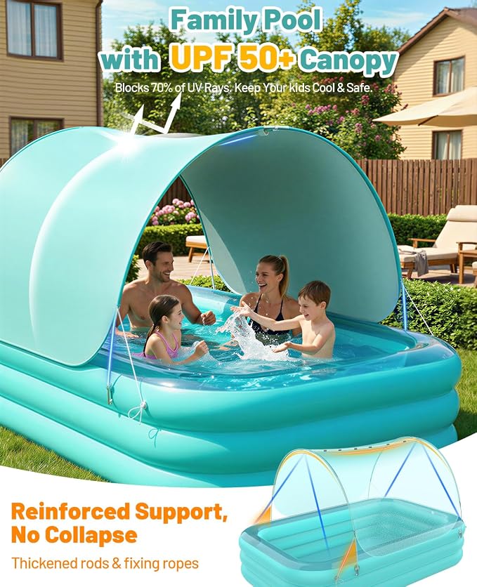 HeySplash Inflatable Pool, Swimming Pool 102" x 65"x 22" Green | Thickened Blow Up Pool with Canopy, Large Family Pool for Outdoor Backyard Garden Party Summer Fun Adults Kids