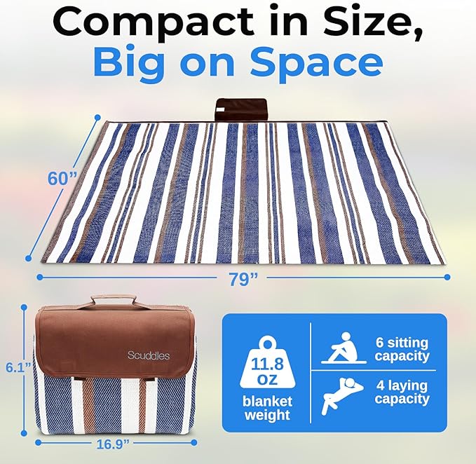 scuddles Extra Large Picnic Blanket 60" x 80" for Beach & Camping | Waterproof Outdoor Mat with Soft Dual-Layer Comfort, Reinforced Edges, Foldable Travel Rug with Compact Foldable Design