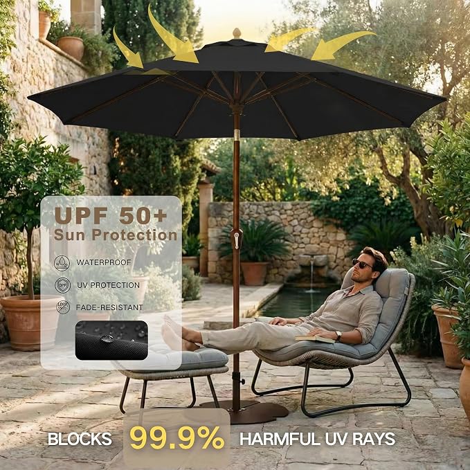 Kingdura 10FT Outdoor Patio Umbrella, Round Market Table Umbrella with Push‑Button Tilt and Crank Lift, 8 Sturdy Metal Ribs, UV50+ Protection Canopy for Backyard, Lawn, Deck, Poolside, Garden (Black)