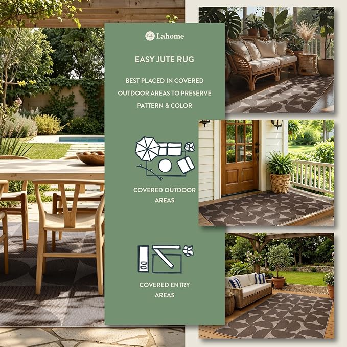 Lahome Tan Outdoor Rug 5x7, Semi Circle Easy Jute Indoor Outdoor Patio Rug | ug for Living Room, Non Slip Stain Resistant Carpet for Bedroom Backyard Home Decor