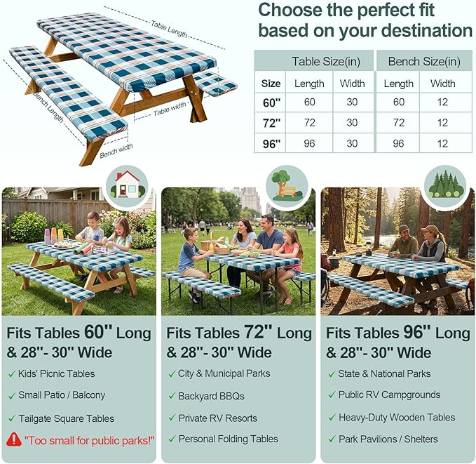 Play Tailor Picnic Table Cover with Bench Covers Camping Essentials Waterproof Windproof Camping Tablecloth with Drawstring Bag, Fitted Rectangle Tables and Seats, 72in, Green Checkered