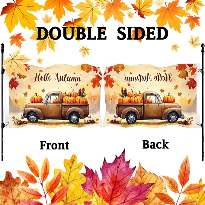 Fall Flag 3x5Ft Outdoor Double Sided Happy Fall Banner for Outside Hello Autumn Holiday Yard Flag Thanksgiving Truck Harvest Pumpkin Berries with 2 Grommets for Farmhouse Indoor Outdoor Decor