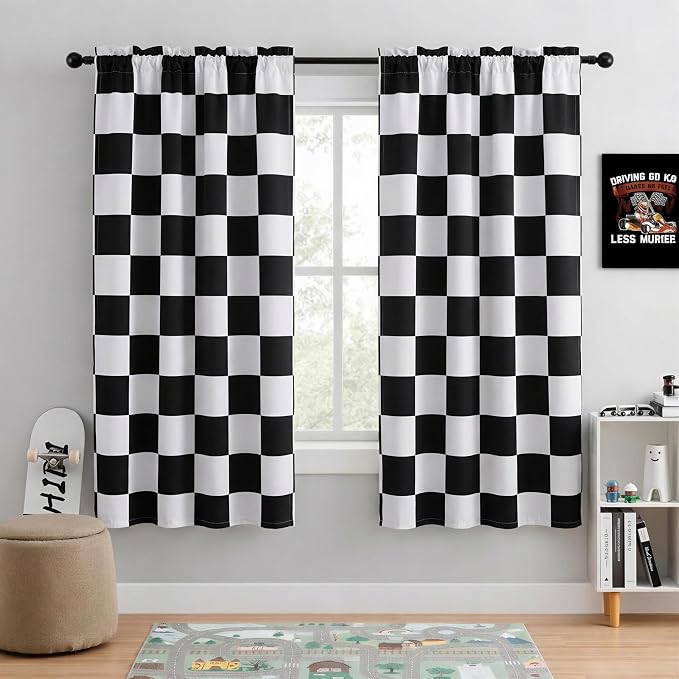 Rod Pocket & Back Tab Checkered Curtains, 100% Blackout, Race car Flag Checkerboard Curtains, Thermal Insulated, Noise Reducing, 2 Panels, Each W42×L72
