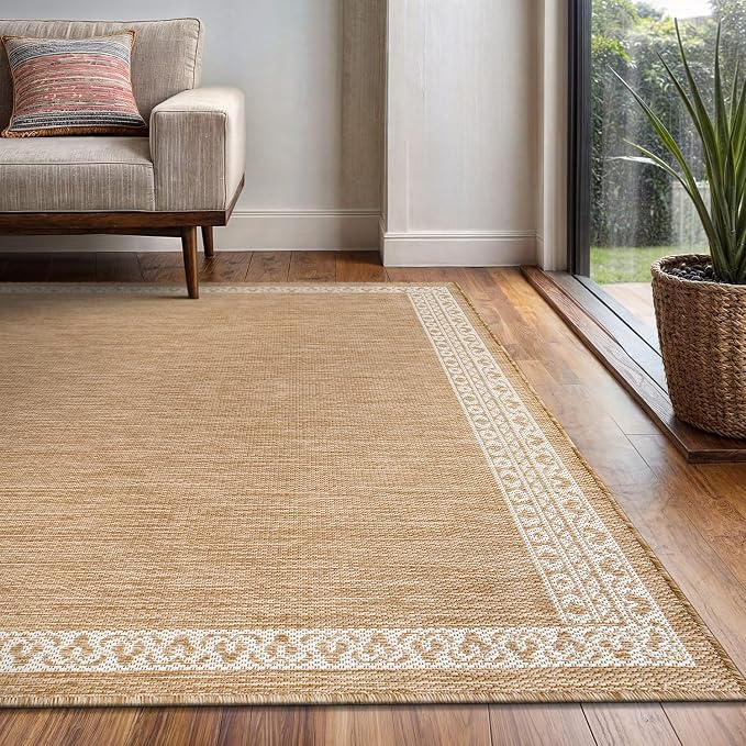 Washable Outdoor Rug 6x9 Modern Area Rugs Outdoor Carpets Bordered Pattern Non Shedding Waterproof Easy Clean Patio Deck Porch Living Room Bedroom Garden RV (6 X 9 Natural)