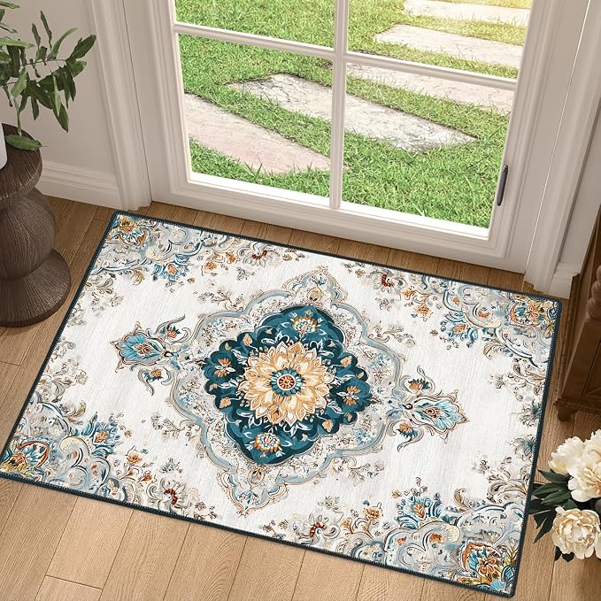 White Gold Floral 2x3 Entry Rug,Washable Small Rugs for Entryway Kitchen Bathroom Door Mat Indoor Entrance,Non Slip Rubber Backing, Stain & Fade Resistant,Elegant Traditional Persian Decor