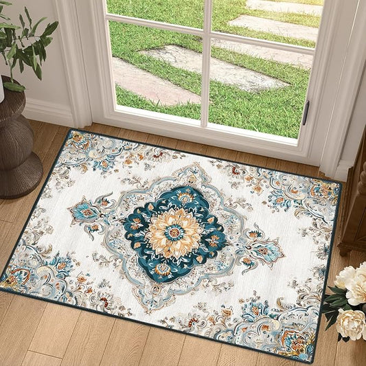 White Gold Floral 2x3 Entry Rug,Washable Small Rugs for Entryway Kitchen Bathroom Door Mat Indoor Entrance,Non Slip Rubber Backing, Stain & Fade Resistant,Elegant Traditional Persian Decor