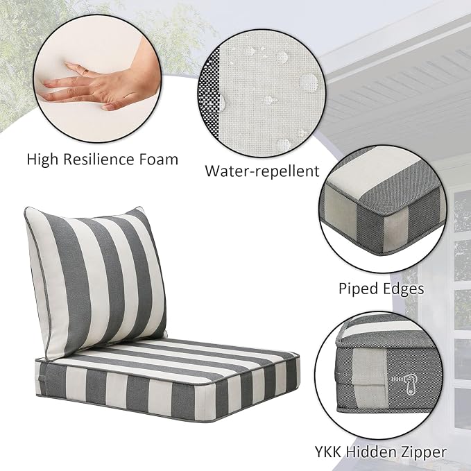 Unimatta Outdoor Patio Chair Cushions Set, 24" x 24"(24x24 Back), Set of 2, Water-Repellent, Fade Resistant, Deep Seat Bottom and Back Cushion for Backyard, Couch, Sofa, Gray Stripe