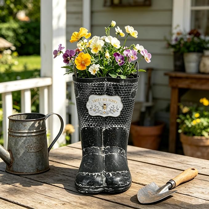Vintage Metal Planters with Handle Distressed Decor Rustic Farmhouse Flower Pot with Sweet Bee Honey Emblem, Indoor/Outdoor Decorative Plants Buckets for Wedding Home Garden Patio Decor