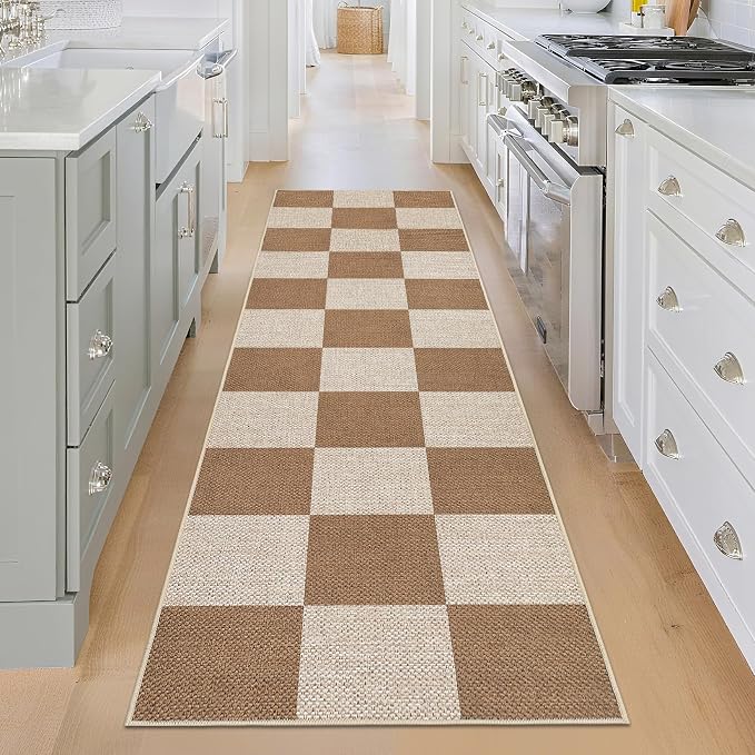 Garvee 2x8 Runner Rug Kitchen Rugs Washable Easy Jute Rug, Brown | Modern Checkered Rug Hallway Runner Rug Stain Resistant Easy Cleaning Non Shedding Floor Cover for Laundry Entryway